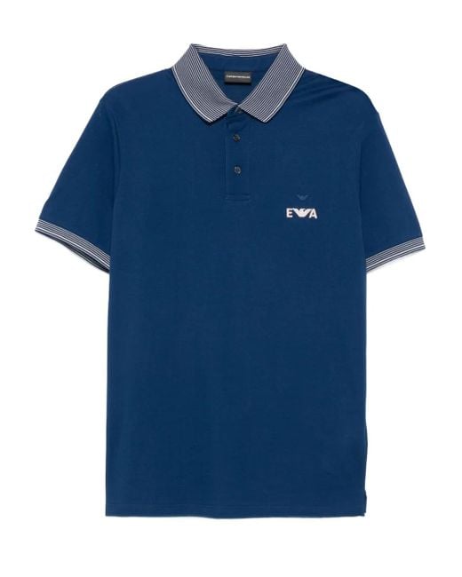Emporio Armani Blue Eagle-Logo Striped-Collar Polo Shirt for men