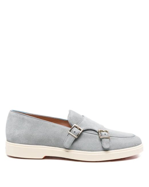 Santoni White Double-Buckle Suede Loafers