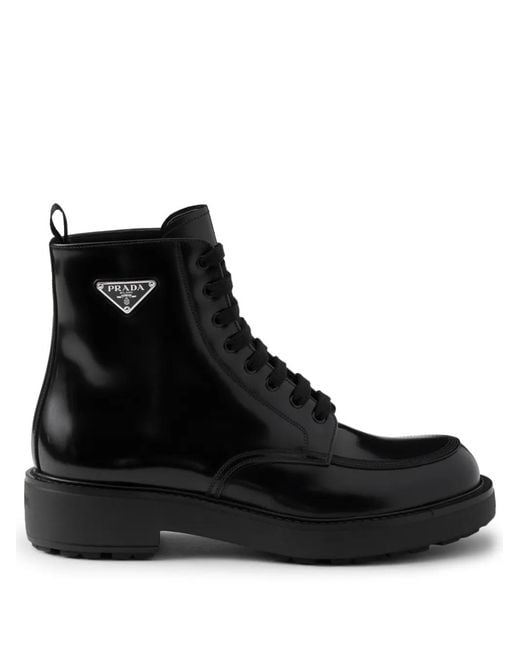 Prada Black Leather Logo-Plate Lace-Up Boots for men