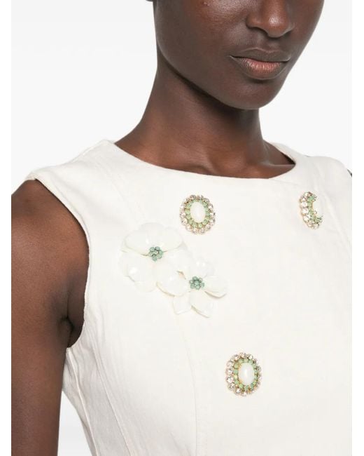 Self-Portrait White Floral-Appliqué Mini Denim Dress
