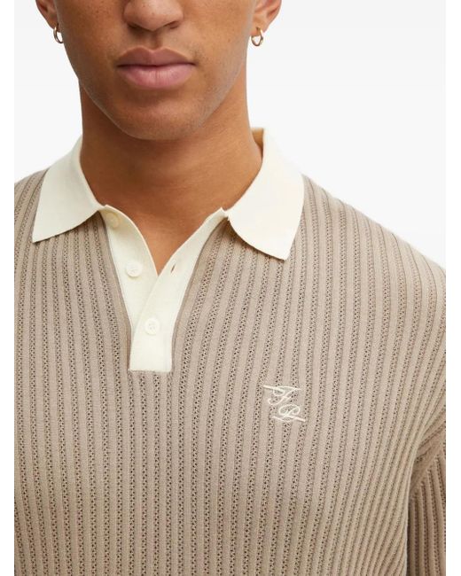 Filling Pieces Gray Ribbed Embroidered-Detail Polo Shirt for men