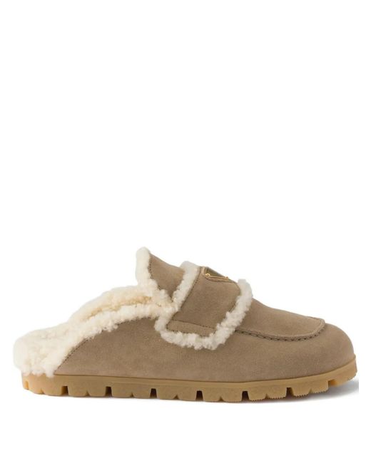 Prada Brown Mules Mit Shearling-Schild