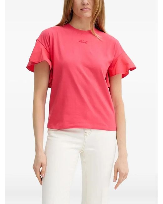 Karl Lagerfeld Ruffle-Detail Logo-Embroidered Top