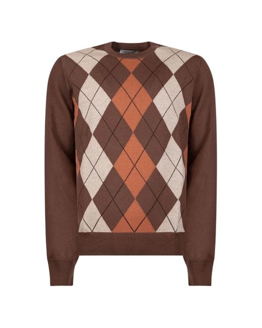 Gran Sasso Brown Argyle-Knit Crew-Neck Sweater for men