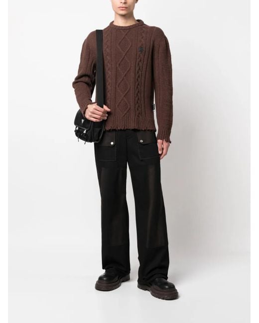Philipp Plein Brown Distressed Cable-Knit Jumper for men