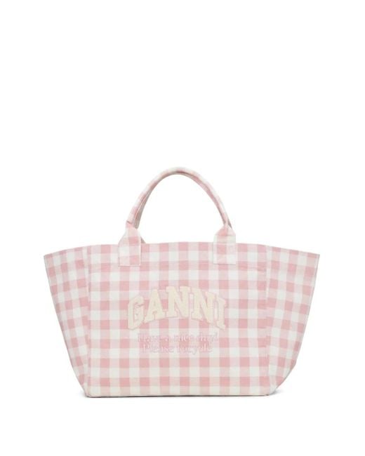 Ganni Pink Vichy Check Xxl Tote