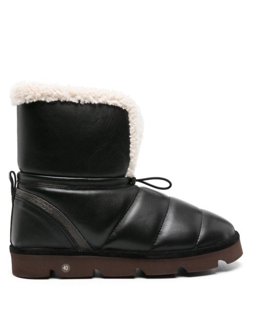 Brunello Cucinelli Black Leather Boot With Shearling Lining And Shiny Details