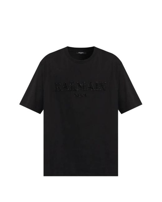 Balmain Black Crystal-Embellished Logo T-Shirt for men