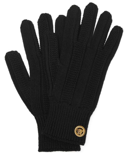 Versace Black Medusa-plaque Ribbed-knit Gloves for men