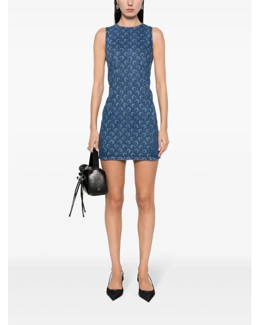 MARINE SERRE Blue "Mini All Over Moon Regenerated Denim Dress