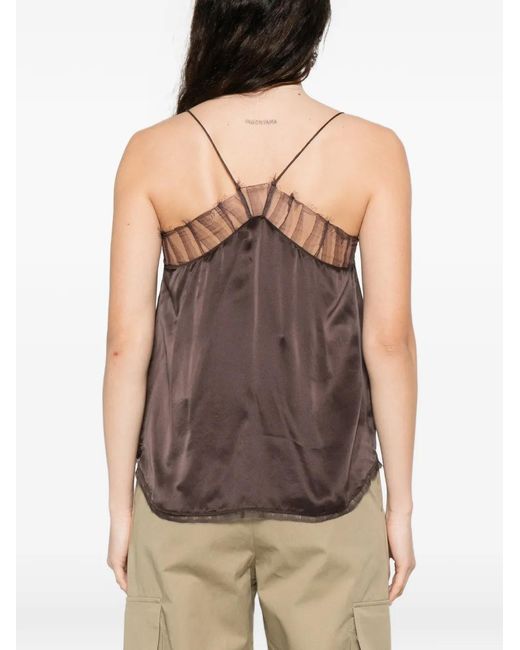 IRO Brown Berwyn Lace Trim Spaghetti-Strap Blouse