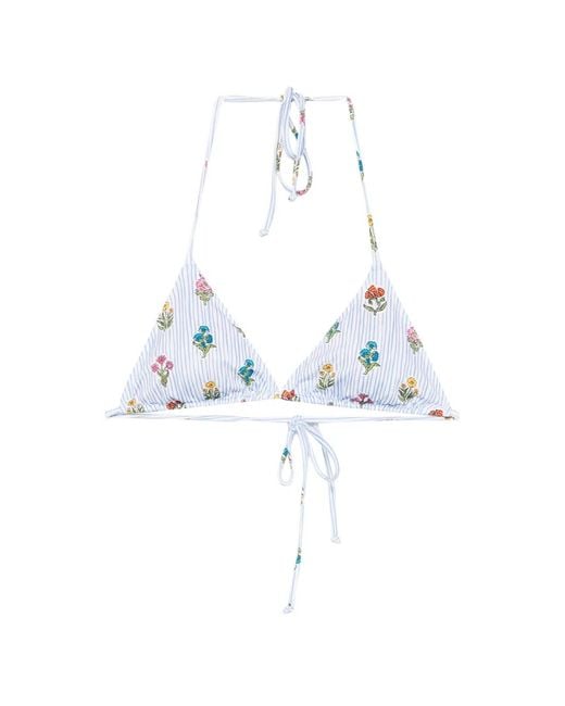 Mc2 Saint Barth White Leah Floral-Print Striped Bikini Top
