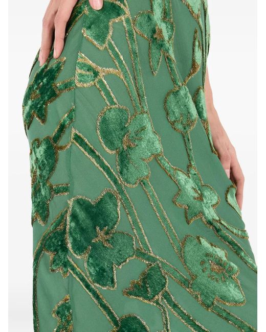 Roberto Cavalli Green Langer Samtrock Mit Blumen-Spitzenbesatz