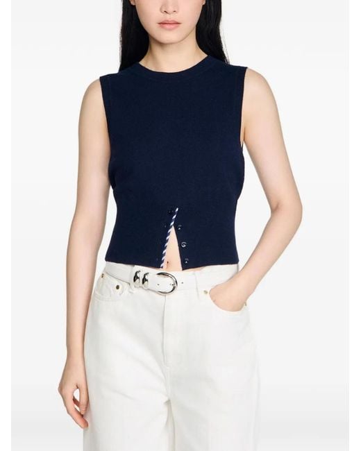 Sandro Blue Cropped Striped Wool-Cashmere Sweater