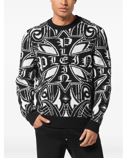 Philipp Plein Black Cross-Pattern Lambswool Pullover Sweater for men