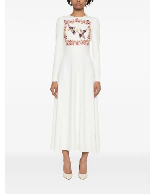 Dina Melwani White Long-Sleeves Midi Dress