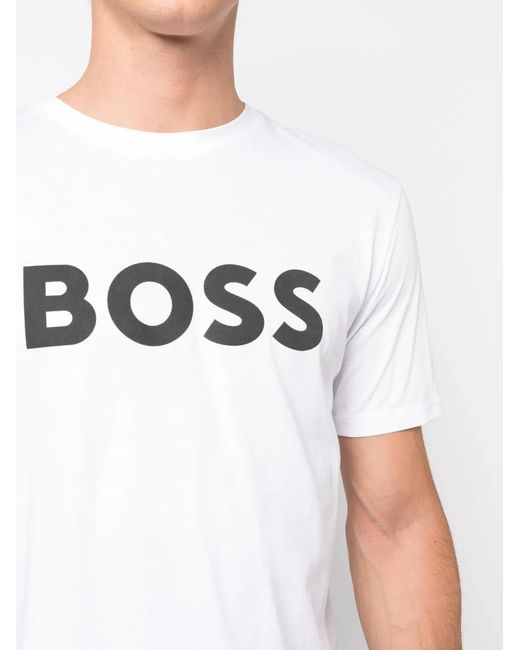 Boss White Cotton-Jersey T-Shirt With Large Logo Print for men