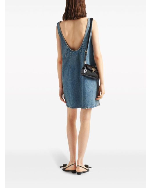 Prada Blue V-neck Low-back Denim-chambray Mini Dress