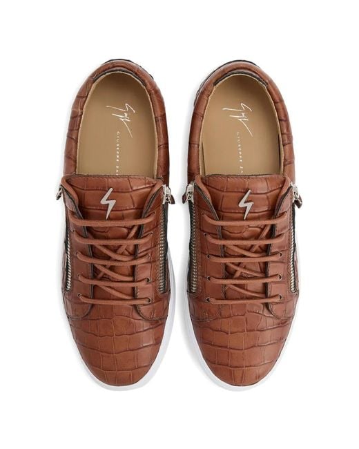 Giuseppe Zanotti Brown Frankie Crocodile Print Zip Leather Sneakers for men