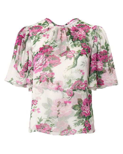 Carolina Herrera Pink Gathered-detail Floral-print Silk Blouse