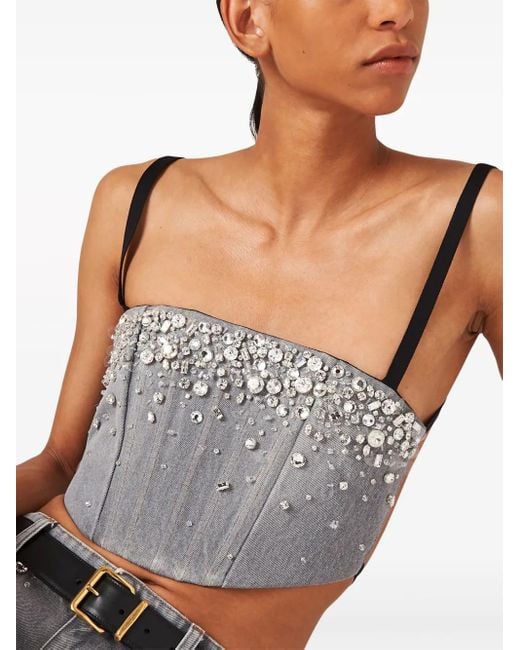 Miu Miu Crystal-Embellished Denim Cropped Top in Gray | Lyst Miu Miu Crystal-Embellished Denim Cropped Top in Gray | Lyst