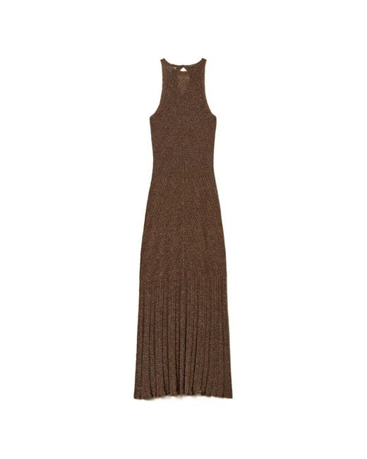 Twinset Brown Long Linen Knit Dress With Lurex