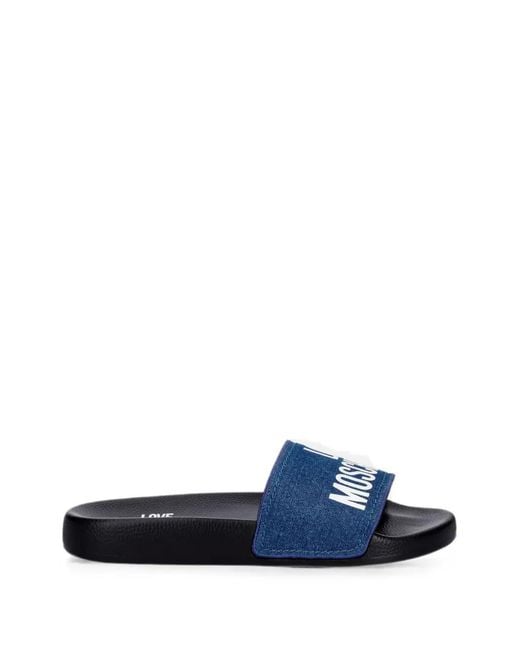 Love Moschino Blue Logo-Print Denim Slides
