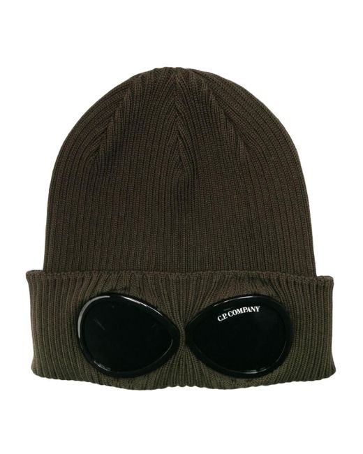 C P Company Green Goggles-detail Ribbed Beanie for men