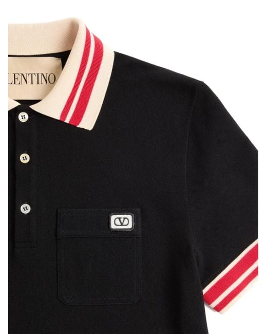 Valentino Garavani Black Logo-Patch Polo Shirt for men