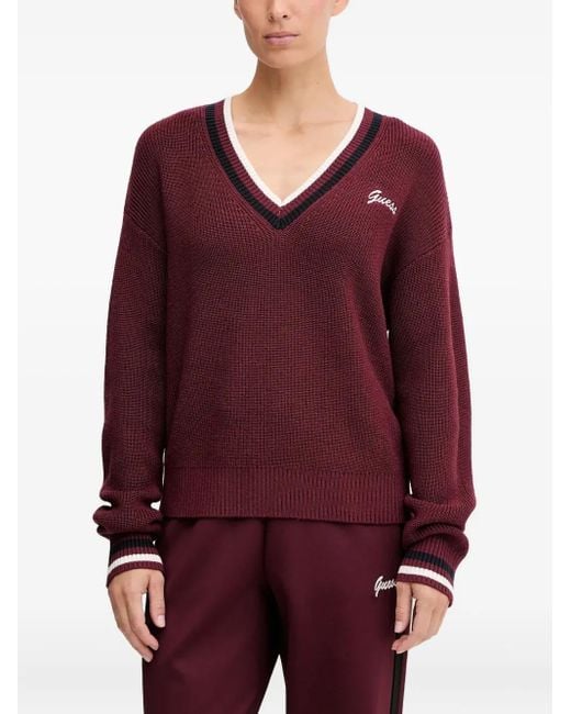 Guess Red V-Neck Striped Sweater