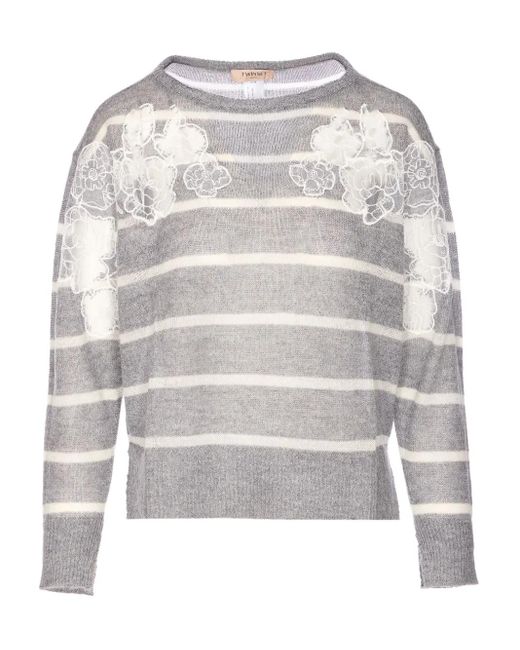 Twinset Gray Striped-Pattern Lace-Embellished Sweater