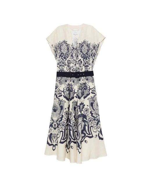 Sara Roka White Glady Damask-Belt Midi Dress