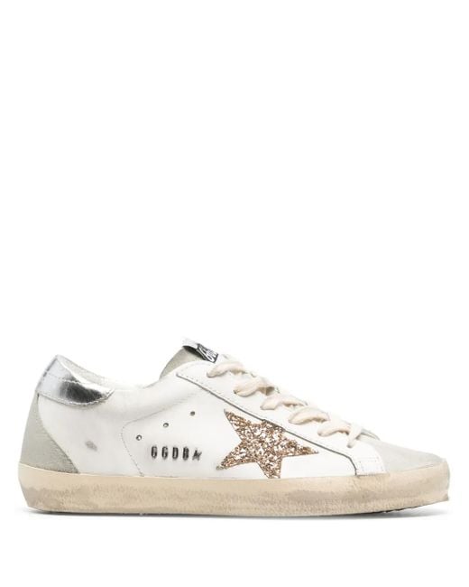 Golden Goose Deluxe Brand White Super-Star Trainers With Glitter Star And Ice- Suede Inserts