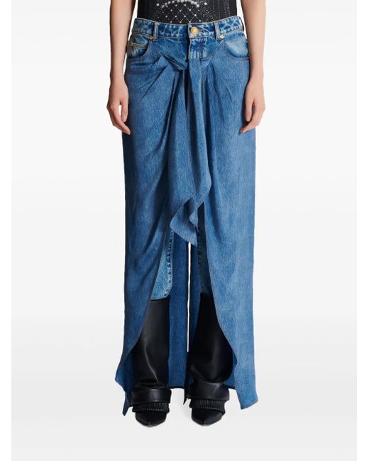 Balmain Blue Draped Denim Skirt