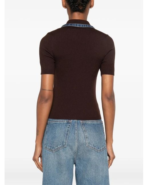 Sandro Brown Ribbed-Knit Polo Top