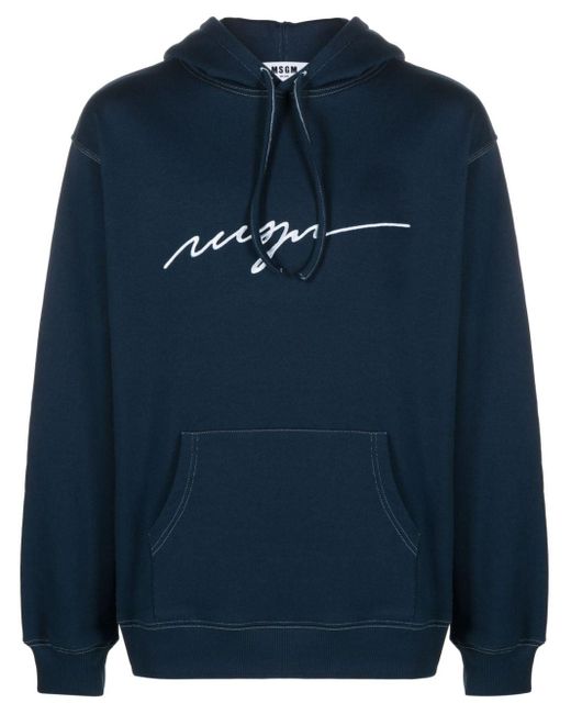 MSGM Blue Logo-embroidered Cotton Hoodie for men