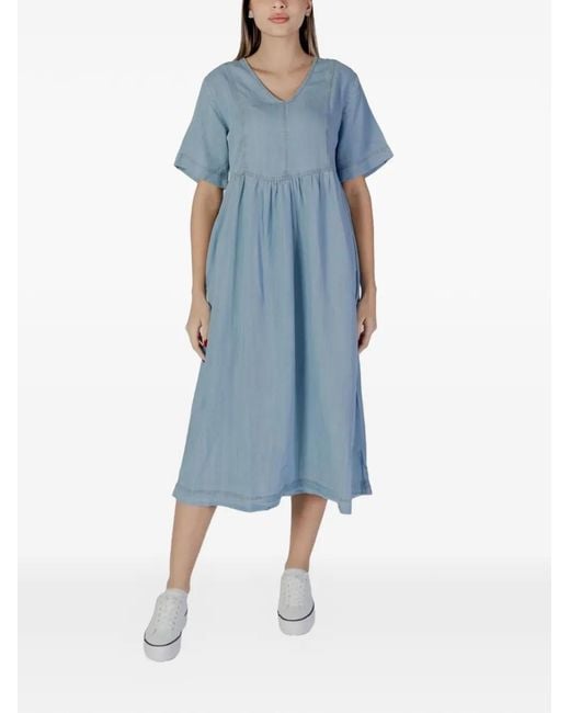 B.Young Blue Short-Sleeve V-Neck Midi Dress