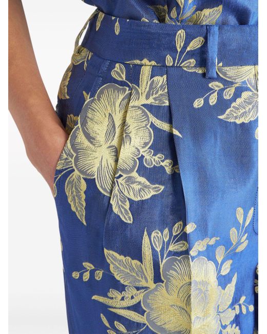 Etro Blue Floral-jacquard Wide-leg Trousers