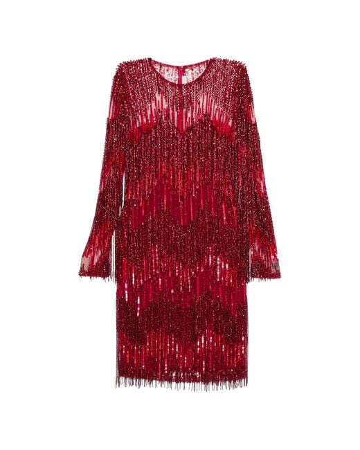 Naeem Khan Red Beaded-Fringe Dress