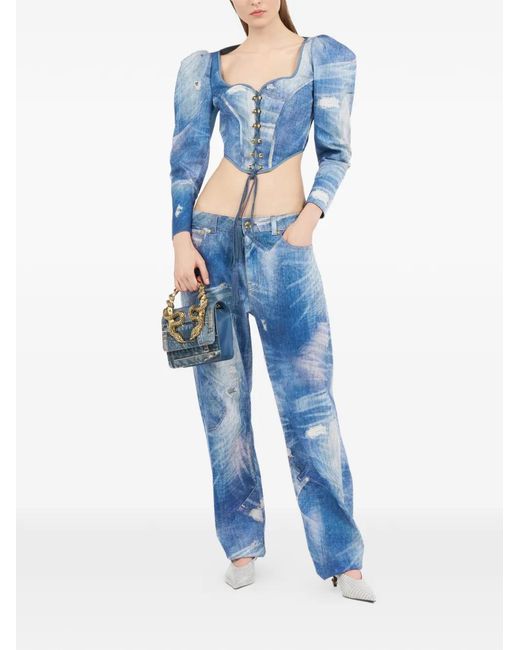 Roberto Cavalli Blue Patchwork-Effect Corset Top