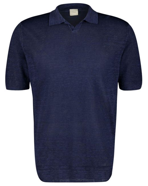 120% Lino Fijngebreid Linnen Poloshirt in het Blue voor heren