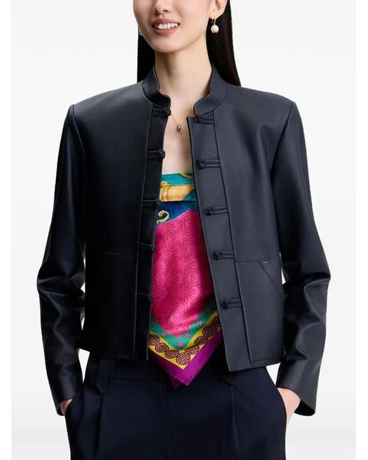 Shanghai Tang Black Buttoned Leather Jacket