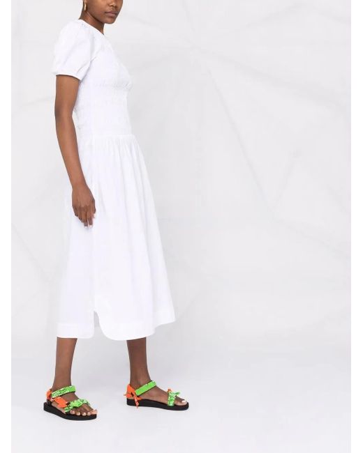 Ganni White Shirred Poplin Midi Dress