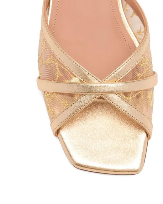 Malone Souliers Natural Perla Flower-Embroidered Flat Sandals