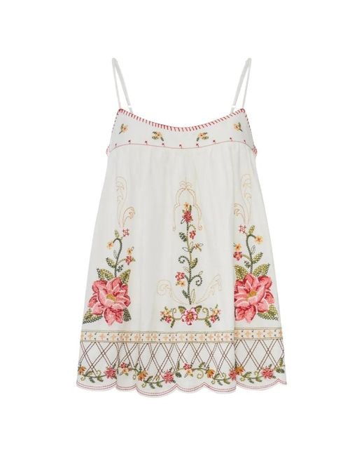 Farm Rio White Flower Embroidery Scalloped-Hem Blouse