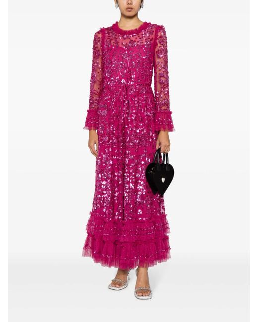 Needle & Thread Purple Sequinned Ruffled Maxi Dress