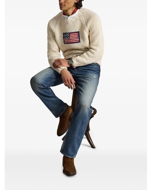 Polo Ralph Lauren White Flag-Intarsia Chunky-Knit Sweater for men