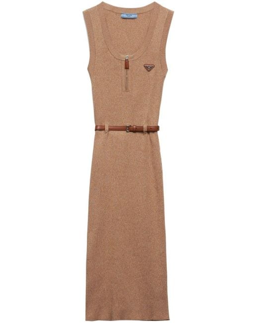 Prada Ribbed-Knit Cotton Midi Dress in Natural | Lyst