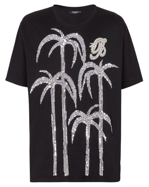 Balmain Black Sequin-embellished Cotton T-shirt for men