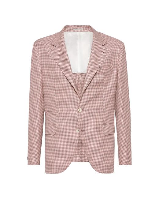 Brunello Cucinelli Pink Houndstooth-Pattern Single-Breasted Blazer for men